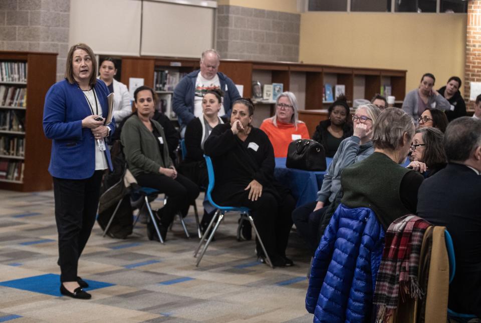 Mary-Margaret Zehr, superintendent of the Carmel Central School District, leads a forum at Carmel High School March 6 after three high school students produced a a series of TikTok videos with racist language and threats of gun violence. 
(Photo: Seth Harrison/The Journal News)