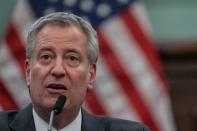 New York City Mayor Bill de Blasio speaks during a news conference for the outbreak of Coronavirus disease (COVID-19) at City Hall in the Manhattan borough of New York