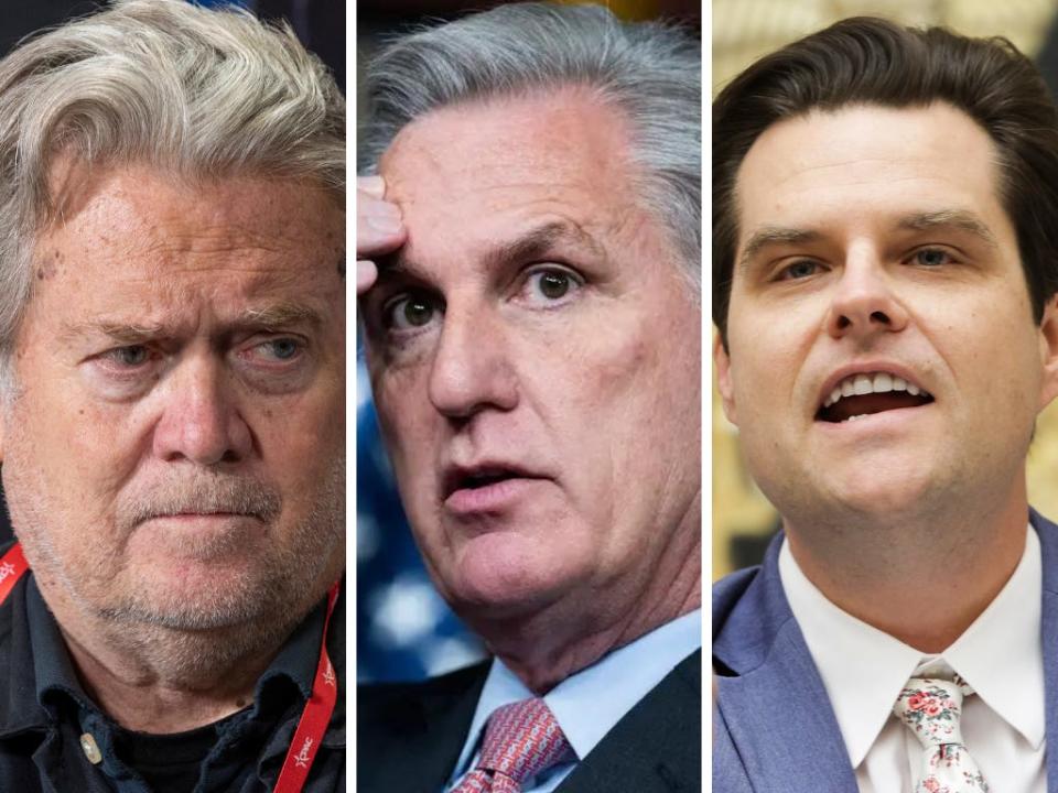 A composite image of Steve Bannon, Kevin McCarthy, and Matt Gaetz