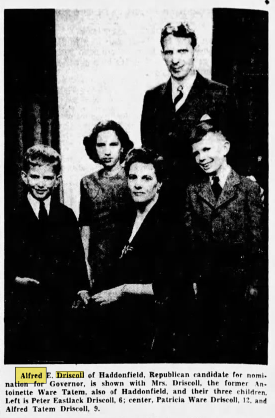 Gov. Alfred E. Driscoll poses with his family in this 1946 file photo