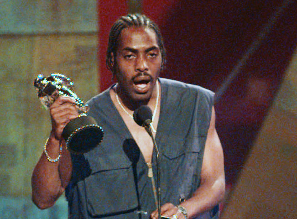 FILE - Coolio, whose legal name was Artis Leon Ivey Jr., accepts the award for the Best Rap Video at the MTV Video Music Awards in New York on Sept. 4, 1996. The rapper, who was among hip-hop’s biggest names of the 1990s with hits including “Gangsta’s Paradise” and “Fantastic Voyage,” died Wednesday, Sept. 28, 2022 in Los Angeles. He was 59. (AP Photo/Bebeto Matthews, File)