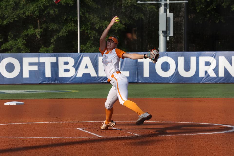 May 9, 2024; Auburn, AL, USA; Tennessee starting pitcher/relief pitcher Karlyn Pickens (23) against LSU during the quarterfinals of the SEC Softball Championship at Jane B. Moore Field. Mandatory Credit: John Reed-USA TODAY Sports