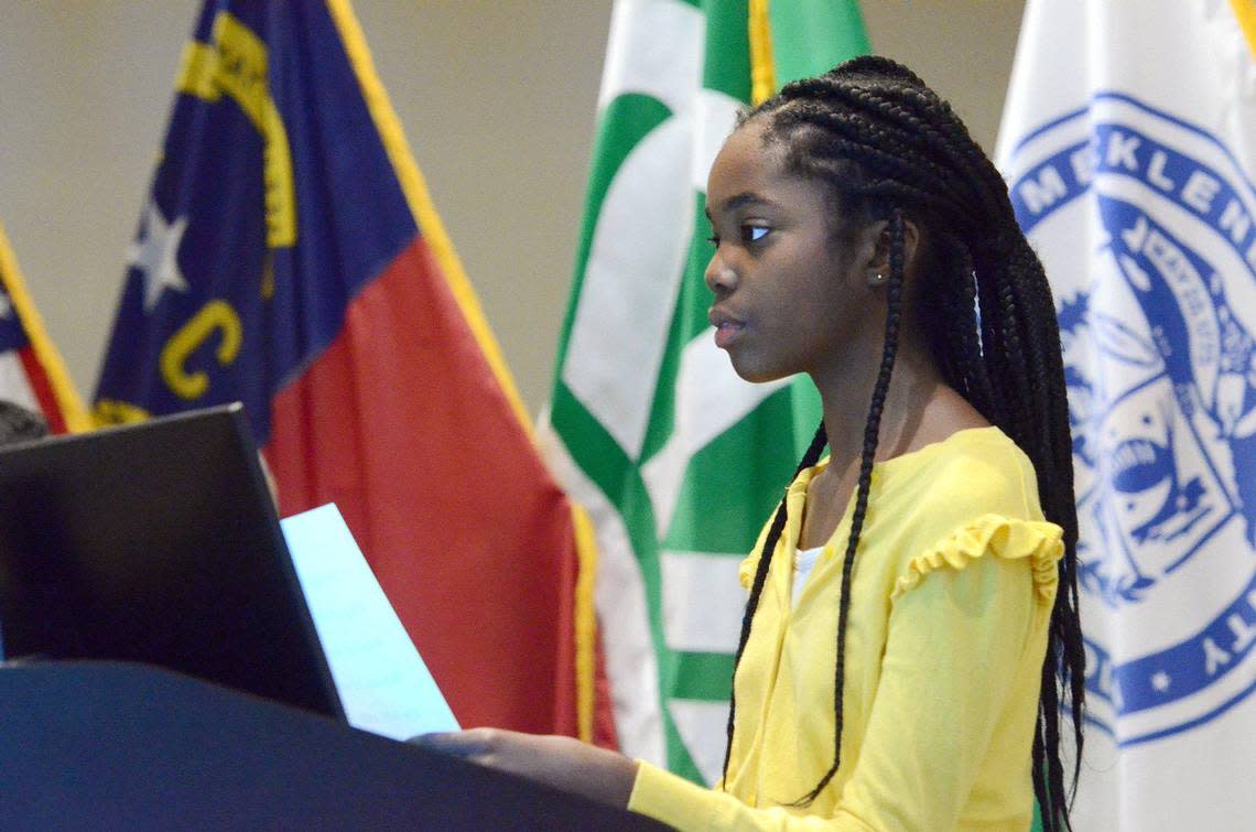 Ayahn Ambroise, 12, is autistic but she doesn’t let that get in her way. The sixth-grader at Eastway Middle School lead the pledge of allegiance at the CMS board meeting and spoke in front of the board on Tuesday, April 4, 2023. Ayahn has advocated for affordable housing, even leading a march through a local neighborhood to raise funds.