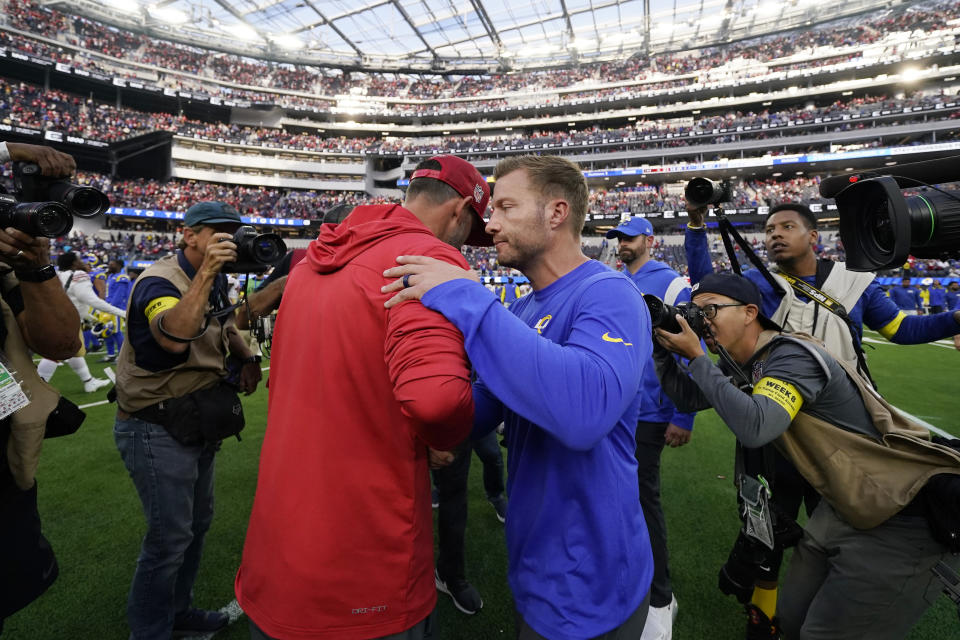 San Francisco 49ers head coach Kyle Shanahan, left, and Los Angeles Rams head coach Sean McVay shake hands after the 49ers defeated the Rams 31-14 in an NFL football game Sunday, Oct. 30, 2022, in Inglewood, Calif. (AP Photo/Ashley Landis)