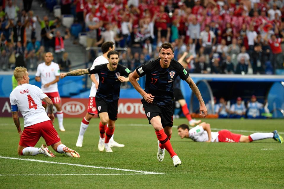 Croatia’s Mario Mandzukic canceled out Denmark’s opening goal in the fourth minute of their 2018 World Cup Round of 16 match. (Getty)