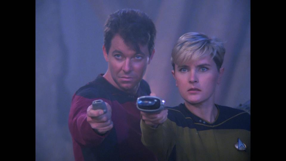 No Merchandising. Editorial Use Only. No Book Cover Usage Mandatory Credit: Photo by Kobal/REX/Shutterstock (7944840c) Jonathan Frakes, Denise Crosby Star Trek: The Next Generation' TV Series - 1990s