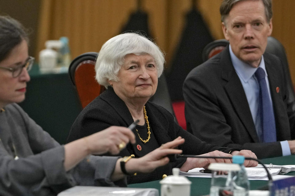 U.S. Treasury Secretary Janet Yellen, center, arrives to a bilateral meeting with Chinese Vice Premier He Lifeng at the Guangdong Zhudao Guest House in southern China's Guangdong province, Saturday, April 6, 2024. (AP Photo/Andy Wong, Pool)