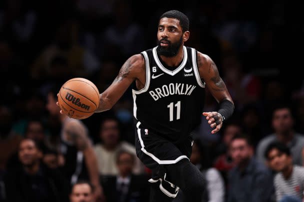 PHOTO: Kyrie Irving of the Brooklyn Nets brings the ball up the court during the fourth quarter of the game against the Chicago Bulls at Barclays Center on Nov. 1, 2022, in New York City. (Dustin Satloff/Getty Images)