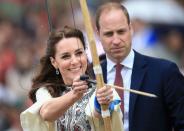 <p>Is it Kate or Cupid? While <a href="https://www.townandcountrymag.com/style/fashion-trends/g2187/kate-middleton-india-bhutan-royal-visit/" rel="nofollow noopener" target="_blank" data-ylk="slk:visiting Bhutan" class="link ">visiting Bhutan</a>, the Duchess fired an arrow at an archery demonstration. Prince William, gazing on, looked a tad concerned. </p>