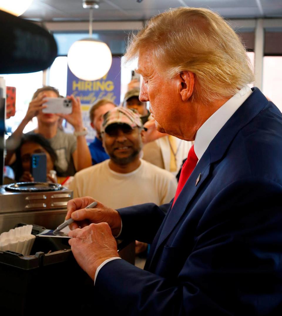 Former president Donald Trump visits the Waffle House at 1326 Veterans Parkway in Columbus, Georgia after his speech at the Columbus Convention & Trade Center. 06/10/2023 Mike Haskey/mhaskey@ledger-enquirer.com