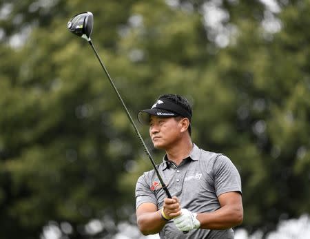 Jul 27, 2017; Oakville, Ontario, CAN; K.J. Choi hits his tee shot from the eighth tee during the first round of the RBC Canadian Open golf tournament at Glen Abbey Golf Club. Mandatory Credit: Eric Bolte-USA TODAY Sports