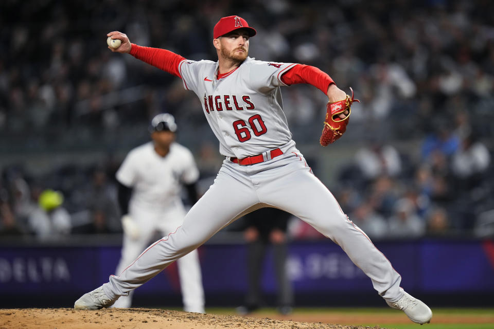 Los Angeles Angels' Andrew Wantz pitches during the fourth inning of the team's baseball game against the New York Yankees on Tuesday, April 18, 2023, in New York. (AP Photo/Frank Franklin II)