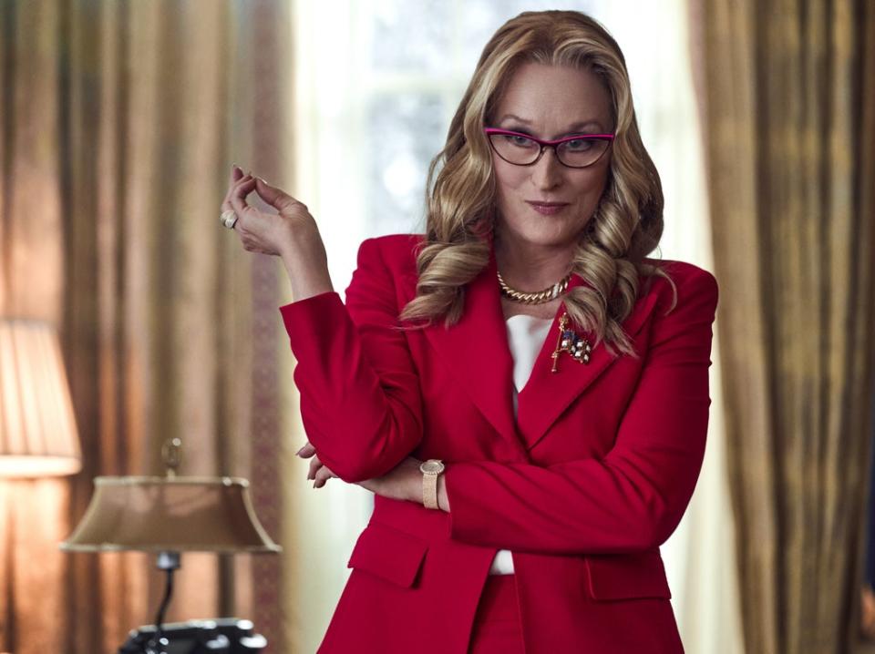 Though the impulse might be to look for a Trump comparison, Janie Orlean (Meryl Streep) is really some hideous hybrid of every modern president, Democrat and Republican (Niko Tavernise/Netflix)