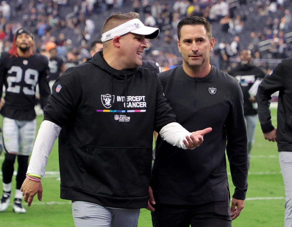 LAS VEGAS, NEVADA – OCTOBER 23: Head coach Josh McDaniels (L) and general manager Dave Ziegler of the Las Vegas Raiders walk off the field after the team’s 38-20 victory over the <a class="link " href="https://sports.yahoo.com/nfl/teams/houston/" data-i13n="sec:content-canvas;subsec:anchor_text;elm:context_link" data-ylk="slk:Houston Texans;sec:content-canvas;subsec:anchor_text;elm:context_link;itc:0">Houston Texans</a> at Allegiant Stadium on October 23, 2022 in Las Vegas, Nevada. (Photo by Ethan Miller/Getty Images)