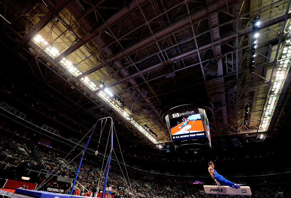 Sam Mikulak competes on the pommel horse during day 1 of the 2012 U.S. Olympic Gymnastics Team Trials at HP Pavilion on June 28, 2012 in San Jose, California. (Photo by Ronald Martinez/Getty Images)