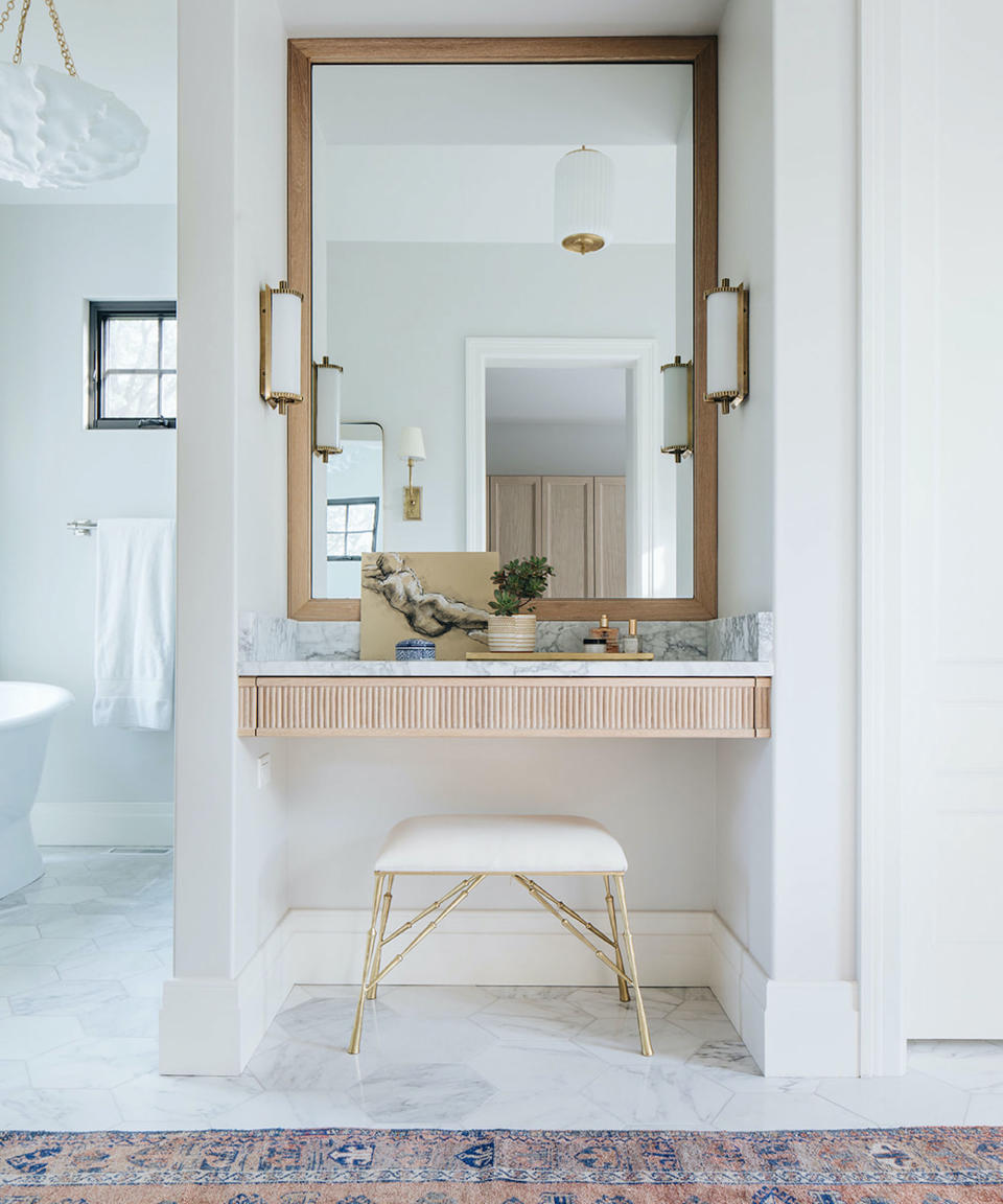 <p> 'If you don't have the space in your bedroom for a makeup vanity consider making the most of an alcove in a bathroom instead,' says Lucy Searle, editor in chief, Homes & Gardens. 'This design offers plenty of bathroom countertop room and the mirror will bounce the light around the bathroom as well as being perfect for those makeup moments. Choose a stool that fits neatly underneath and a pair of wall lights on either side will aid evening application.' </p>