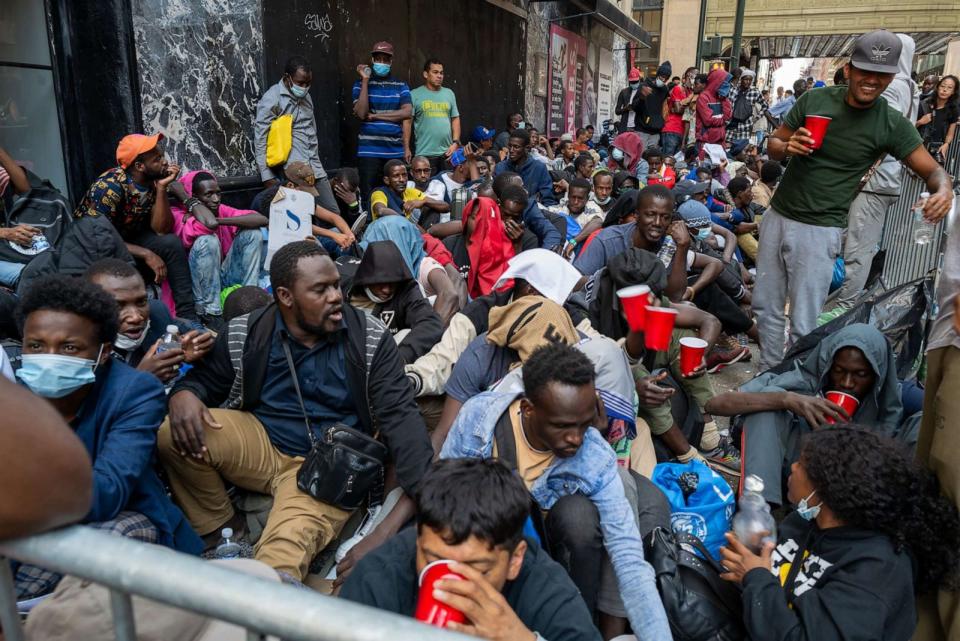 PHOTO: Dozens of recently arrived migrants to New York City camp outside of the Roosevelt Hotel, which has been made into a reception center, as they try to secure temporary housing on Aug. 01, 2023 in New York City. (Spencer Platt/Getty Images, FILE)