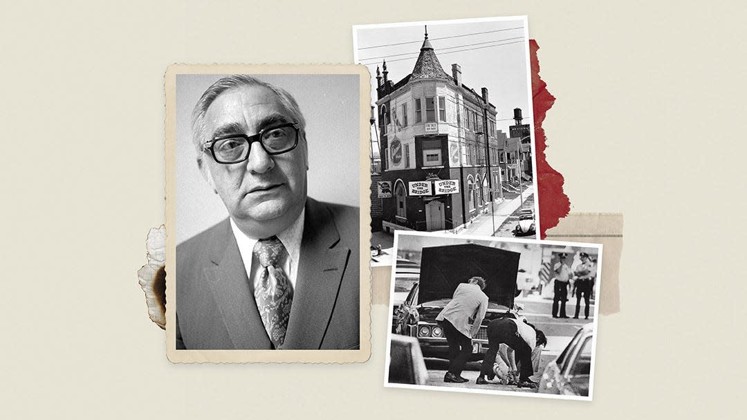 Vincent Maniaci, Augie’s best friend, pictured in 1975. Top right: Vince’s bar on North Water Street in 1976. Bottom right: Police disarming a bomb found in Vince’s car in 1977.