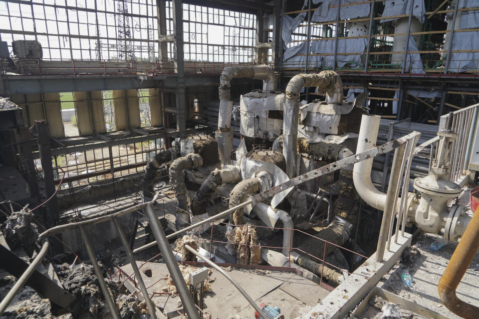 Damaged thermal power plant, one of the country's largest, recently destroyed by Russian missiles is seen in near Kharkiv, Ukraine, Friday, April 12, 2024. (AP Photo/Andrii Marienko)