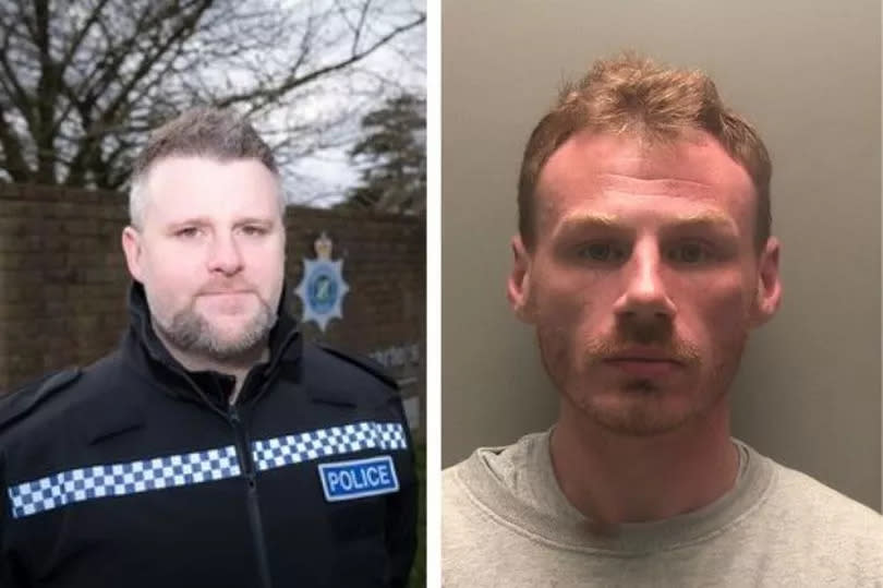 PC Steven Denniss, left, was stabbed by murderer Daniel Boulton during his manhunt after killing Bethany Vincent and Darren Henson