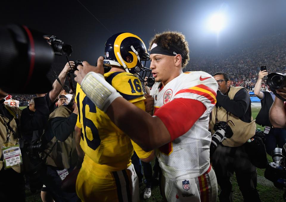 Chiefs QB Patrick Mahomes congratulates Rams QB Jared Goff, after the Rams won 54-51 at Los Angeles Memorial Coliseum on Nov. 19, 2018.