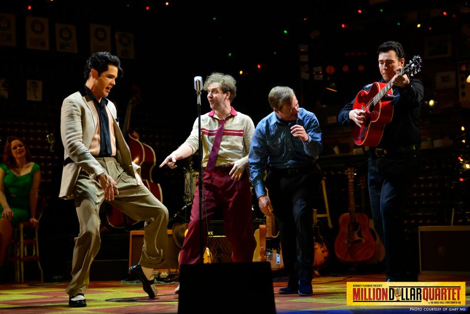 Daniel Durston,  Nat Zegree,  Chris Wren and Scott Moreau portray the Million Dollar Quartet of Elvis Presley, Jerry Lee Lewis, Carl Perkins and Johnny Cash at The Music Hall in Portsmouth. The show, which runs through April 9, is receiving thunderous applause and standing ovations