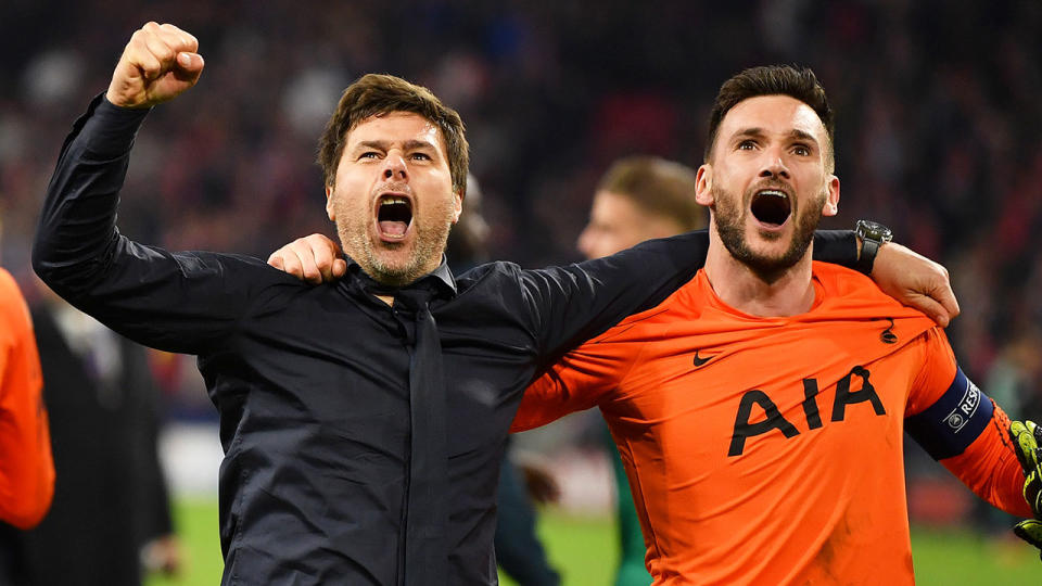 Seen here, Tottenham manager Mauricio Pochettino celebrates with goalkeeper Hugo Lloris.