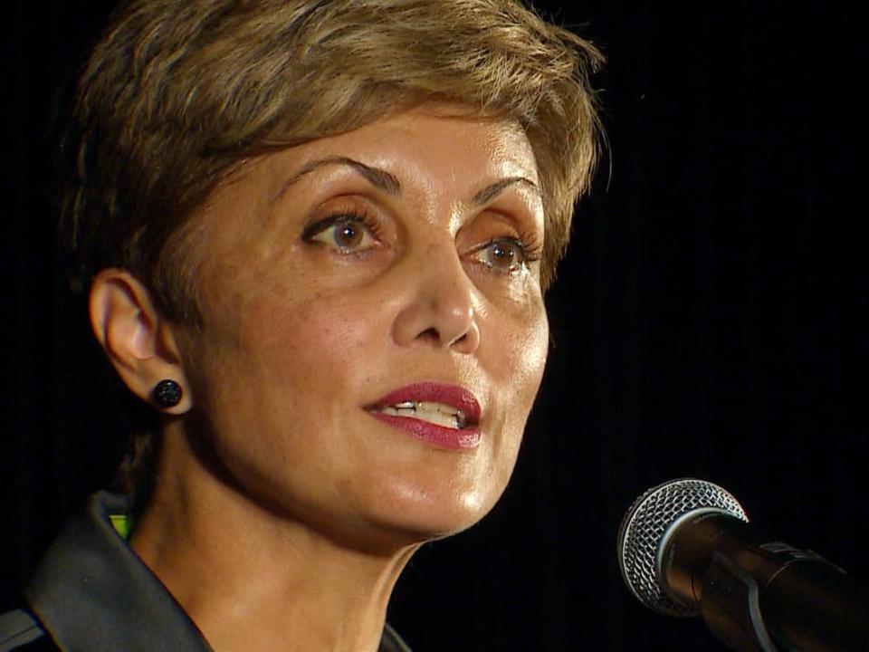 Former Ward 3 city councillor Jyoti Gondek, shown giving her victory speech Monday night, will be Calgary's next mayor. Gondek, who has a PhD in urban sociology, worked in consulting and led the Westman Centre for Real Estate Studies at the University of Calgary's Haskayne School of Business before entering politics. (Radio-Canada - image credit)