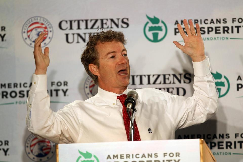 Sen. Rand Paul, R-Ky. speaks at a GOP Freedom Summit, Saturday, April 12, 2014, in Manchester, N.H. Several potential Republican White House contenders _ among them Kentucky Sen. Rand Paul, Sen. Ted Cruz, and former Arkansas Gov. Mike Huckabee _ headline a conference Saturday in New Hampshire, hosted by the conservative groups Citizens United and Americans for Prosperity. (AP Photo/Jim Cole)