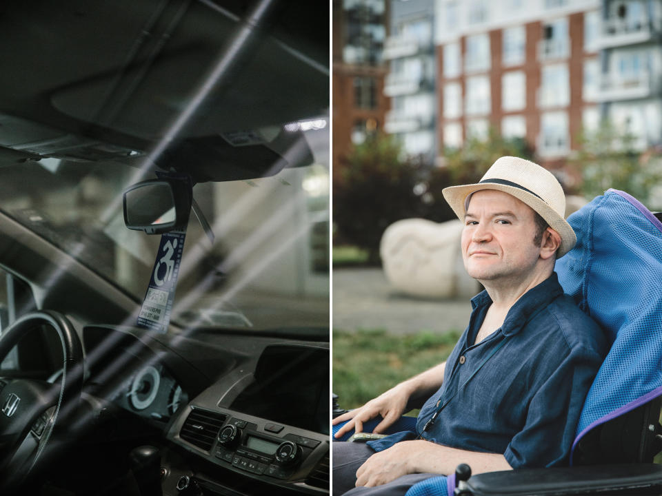 A handicap parking permit inside the van of Ansel Lurio. (Laurel Golio for NBC News)