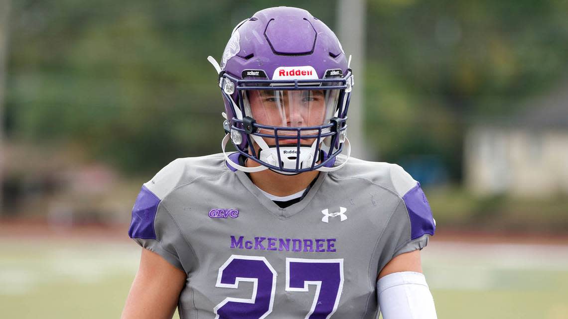 Highland High School graduate Brady Feldmann is pictured during a McKendree University game in 2021. Feldmann, a 2018 HHS grad, will be a redshirt junior for the Bearcats this fall and is excited about the upcoming campaign.