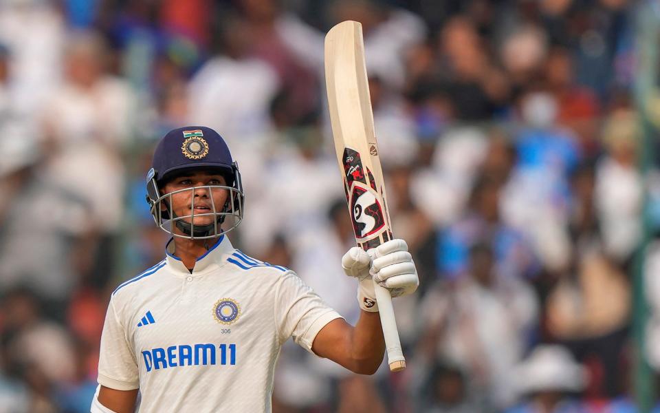 India's Yashasvi Jaiswal celebrates his fifty runs during the first day of their first test cricket against England in Hyderabad, India, Thursday, Jan. 25, 2024