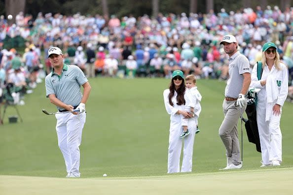 AUGUSTA, GEORGIA - APRIL 10: Emiliano Grillo of Argentina chips onto second green as Austin Eckroat of the United States watches during the Par Three Contest prior to the 2024 Masters Tournament at Augusta National Golf Club on April 10, 2024 in Augusta, Georgia. (Photo by Jamie Squire/Getty Images) (Photo by Jamie Squire/Getty Images)