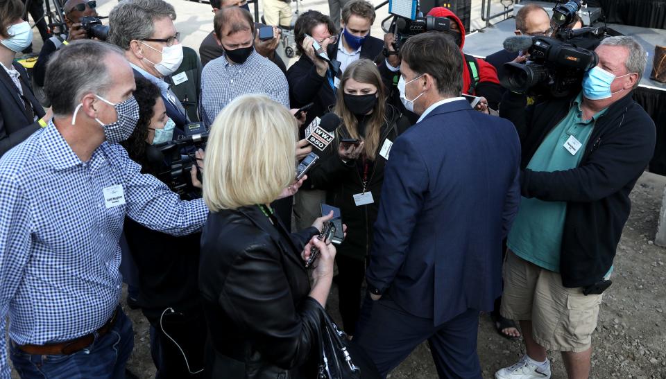 Jim Farley, the COO at Ford and incoming CEO, talks to the media after his press conference at the Dearborn Truck Plant in Dearborn on Thursday, Sept. 17, 2020.The press conference was about the 2021 Ford F-150, the expansion of the Dearborn Truck Plant and the all electric F-150 coming in 2022.