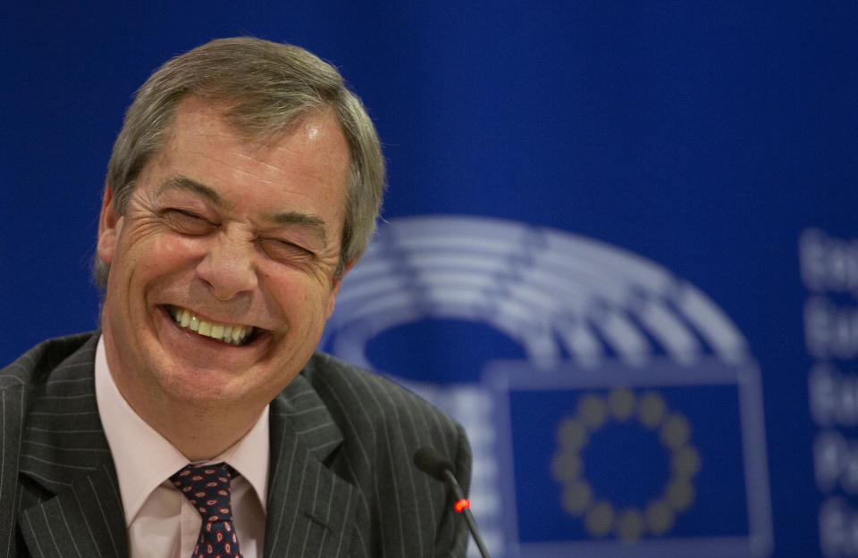 Brexit Party leader Nigel Farage speaks during a media conference at the European Parliament in Brussels, Wednesday, Jan. 29, 2020. The U.K. is due to leave the EU on Friday, Jan. 31, 2020, the first nation in the bloc to do so. It then enters an 11-month transition period in which Britain will continue to follow the bloc's rules while the two sides work out new deals on trade, security and other areas. (AP Photo/Virginia Mayo)