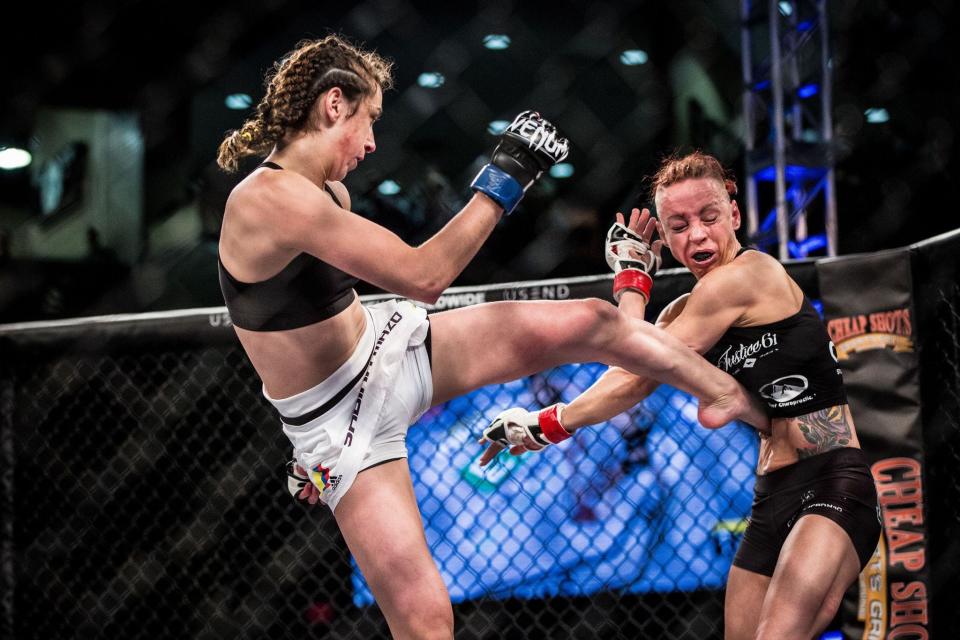 Colombia's Sabina Mazo, left, fought in the LFA 164 main event on Friday night at Southwest University Park.