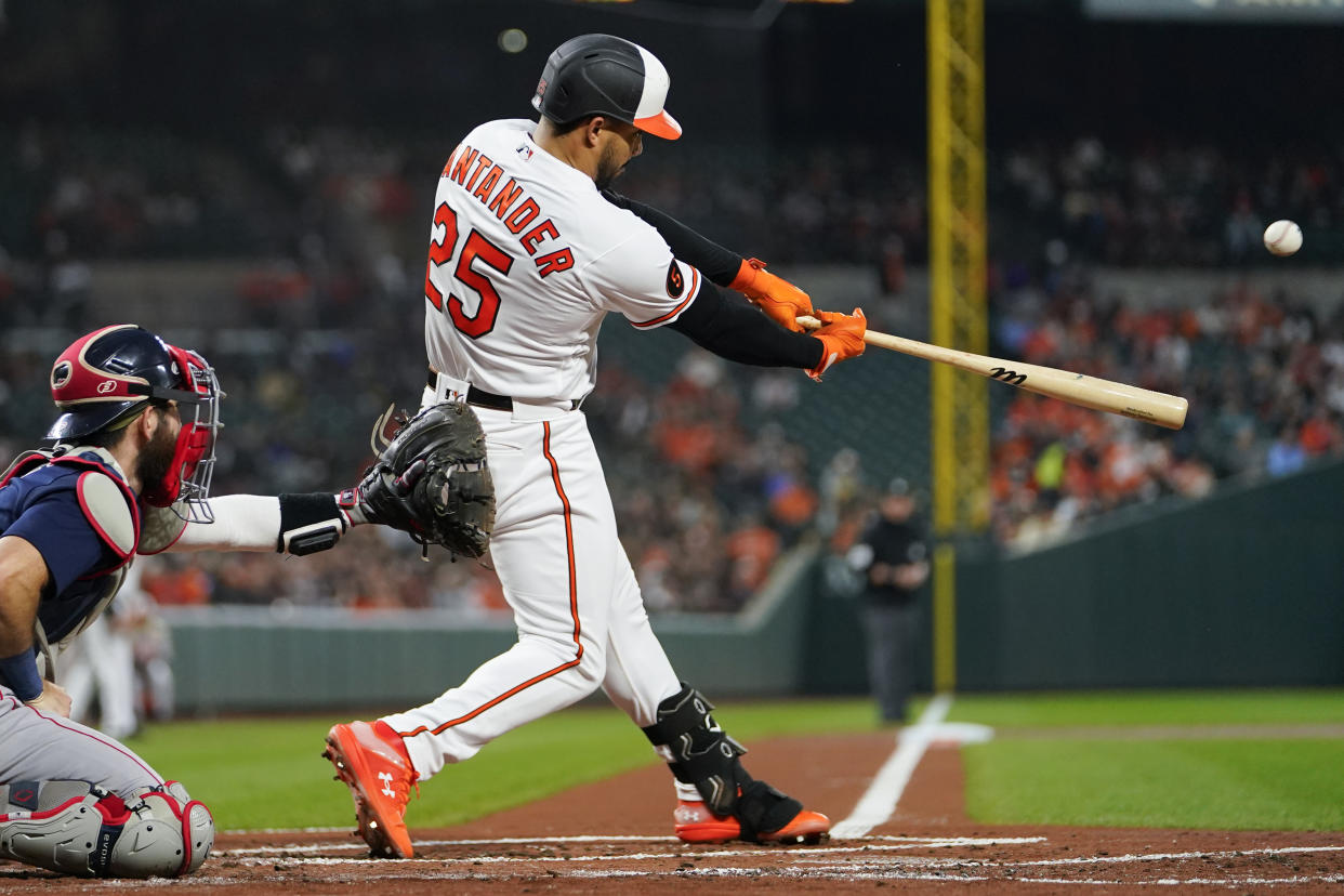 Anthony Santander kicked off the scoring in the Orioles' 2-0 win over the Red Sox. With the win Thursday, the Orioles clinched the AL East title. (AP Photo/Julio Cortez)