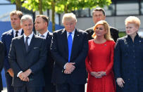 <p>Belgian King Philippe, U.S. President Donald Trump, Croatian President Kalinda Grabar-Kitarovic, and Lithuanian President Dalia Grybauskaite, from left, NATO headquarters at the NATO summit in Brussels on Thursday, May 25, 2017. US President Donald Trump and other NATO heads of state and government on Thursday will inaugurate the new headquarters as well as participating in an official working dinner. (AP Photo/Geert Vanden Wijngaert) </p>