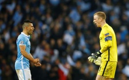 Football Soccer - Manchester City v Paris St Germain - UEFA Champions League Quarter Final Second Leg - Etihad Stadium, Manchester, England - 12/4/16 Manchester City's Joe Hart celebrates with Sergio Aguero after the game Reuters / Darren Staples