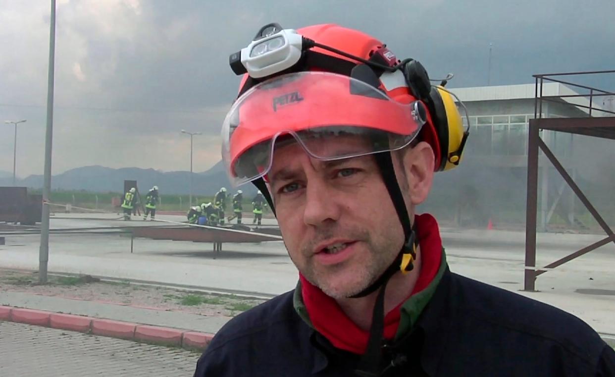 James Le Mesurier, founder and director of Mayday Rescue, talks to the media during training exercises in southern Turkey, in 2015: AP