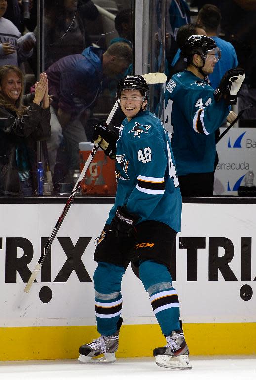 Tomas Hertl of the San Jose Sharks celebrates after he scored his fourth goal of the game against the New York Rangers at SAP Center in San Jose, California, on October 8, 2013