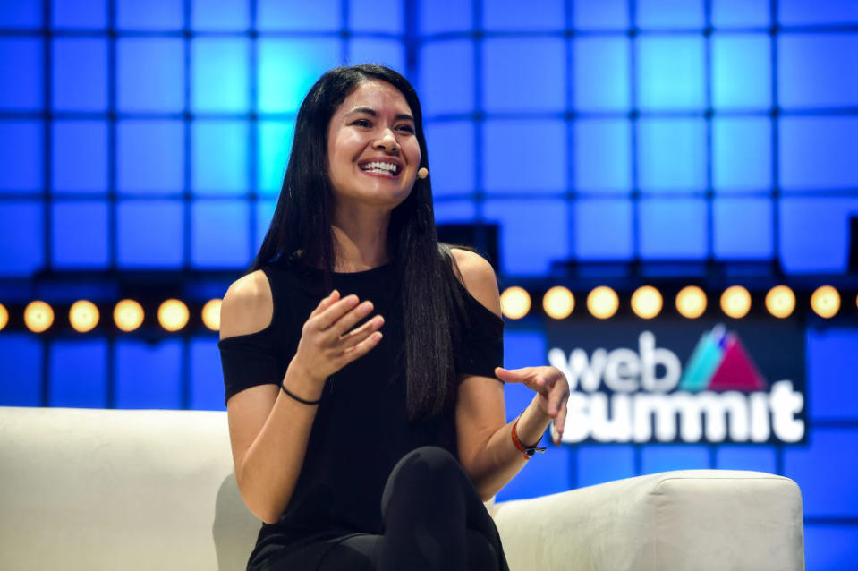 LISBON , PORTUGAL - 5 November 2019; Melanie Perkins, Co-founder & CEO, Canva, on Centre Stage during the opening day of Web Summit 2019 at the Altice Arena in Lisbon, Portugal. (Photo By David Fitzgerald/Sportsfile for Web Summit via Getty Images)