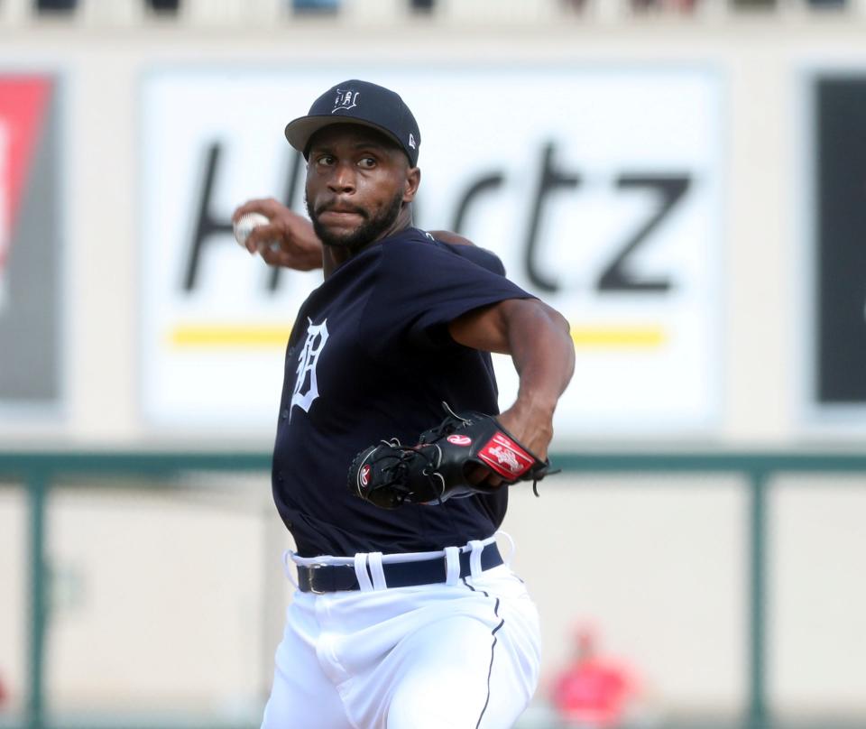 Detroit Tigers Miguel Diaz pitches against the Philadelphia Phillies during Grapefruit League action at Publix Field at Joker Marchant Stadium in Lakeland, Florida, on Saturday, Feb. 25, 2023.
