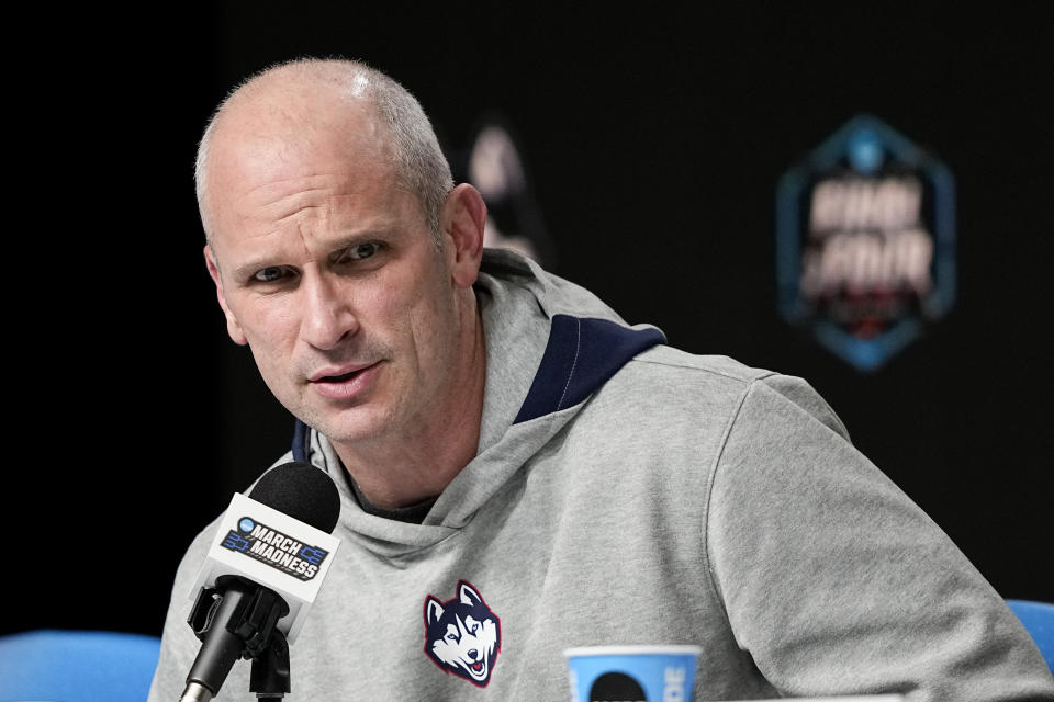 Connecticut head coach Dan Hurley speaks during a news conference at the Final Four NCAA college basketball tournament on Sunday, April 2, 2023, in Houston. San Diego State and Connecticut play for the national championship on Monday. (AP Photo/David J. Phillip)
