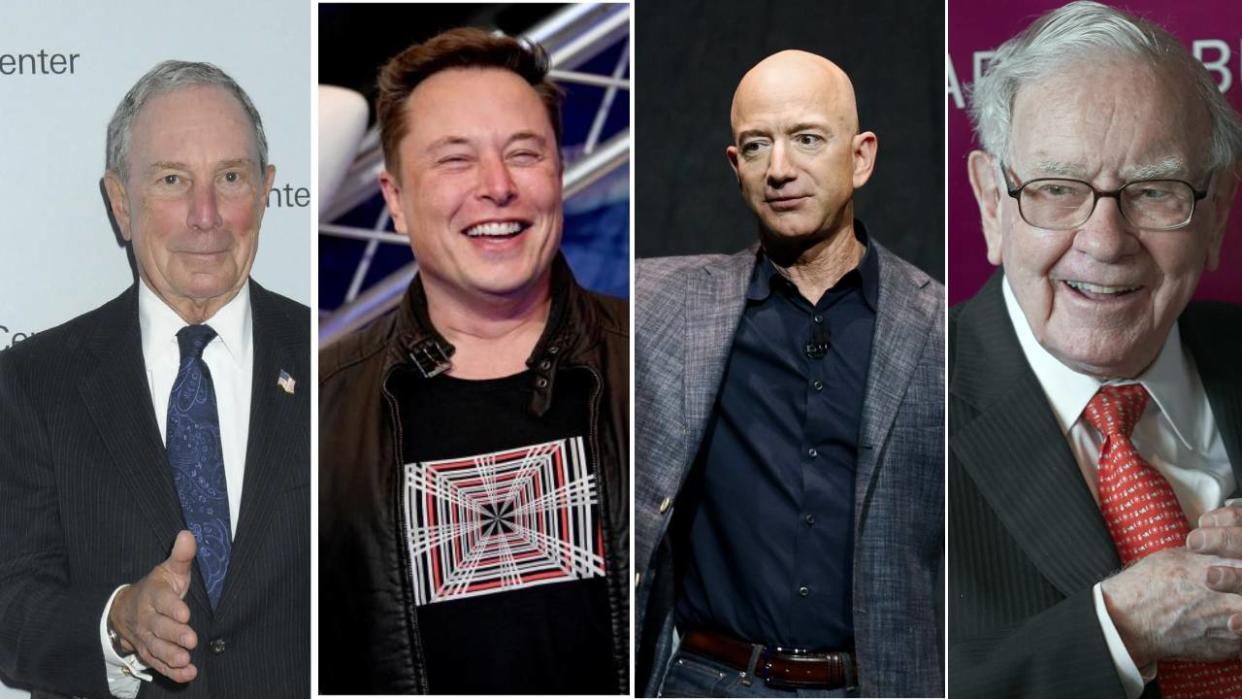 De izquierda a derecha, los multimillonarios Michael Bloomberg, Elon Musk, Jeff Bezos y Warren Buffet. Fotos: AP. 