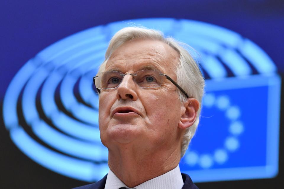 European Commission Chief Negociator Michel Barnier delivers a speech during a European Parliament plenary session in Brussels on January 29, 2020, as Brexit Day is to be set in stone when the European Parliament casts a vote ratifying the terms of Britain's divorce deal from the EU. (Photo by JOHN THYS / AFP) (Photo by JOHN THYS/AFP via Getty Images)