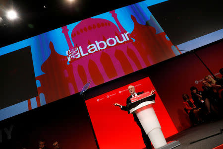 Britain's opposition Labour Party Leader Jeremy Corbyn delivers his keynote speech at the Labour Party Conference in Brighton, Britain, September 27, 2017. REUTERS/Peter Nicholls