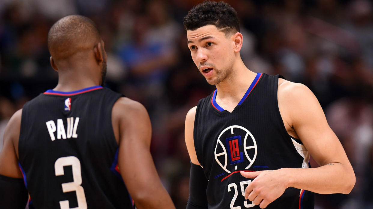 Austin Rivers became a first-time dad after welcoming son Kayden with fiancee Brittany Hotard. (AP)