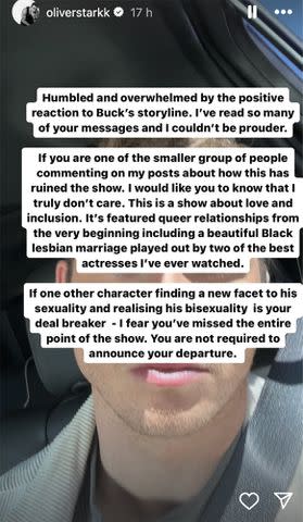 <p>Oliver Stark/Instagram</p> '9-1-1' star Oliver Stark shares a statement on his Instagram Stories following his character's surprise kiss