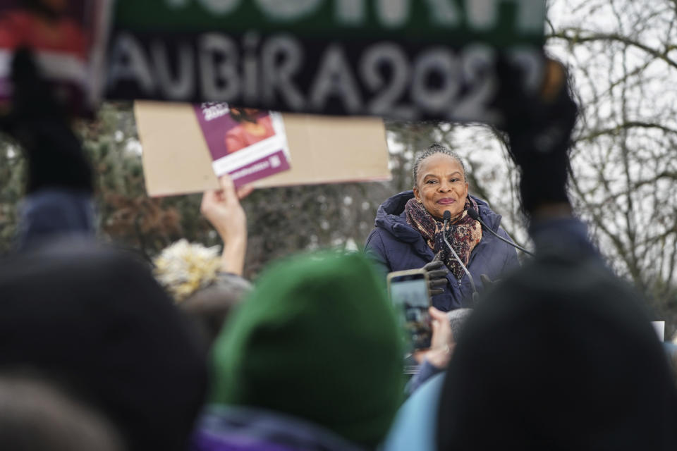 Former left-wing socialist minister Christiane Taubira delivers a speech to announce that she is candidate for the French presidential election 2022 during a visit in Lyon, central France, Saturday, Jan. 15, 2022. (AP Photo/Laurent Cipriani)